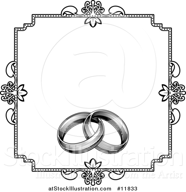 Vector Illustration of a Black and White Invitation with a Frame and Engraved Wedding Rings