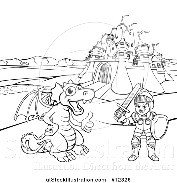 Vector Illustration of a Black and White Knight and Dragon by a Castle