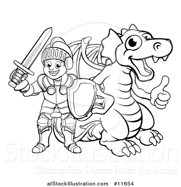 Vector Illustration of a Black and White Knight and Dragon