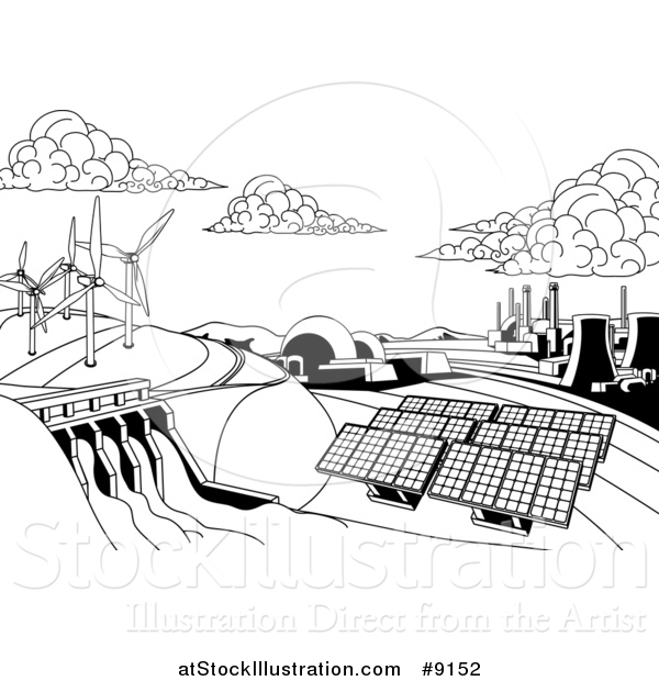 Vector Illustration of a Black and White Landscape of Renewable Energy Plants with a Dam, Solar Panels, Wind Turbines, Coal Plants and Nuclear Plants