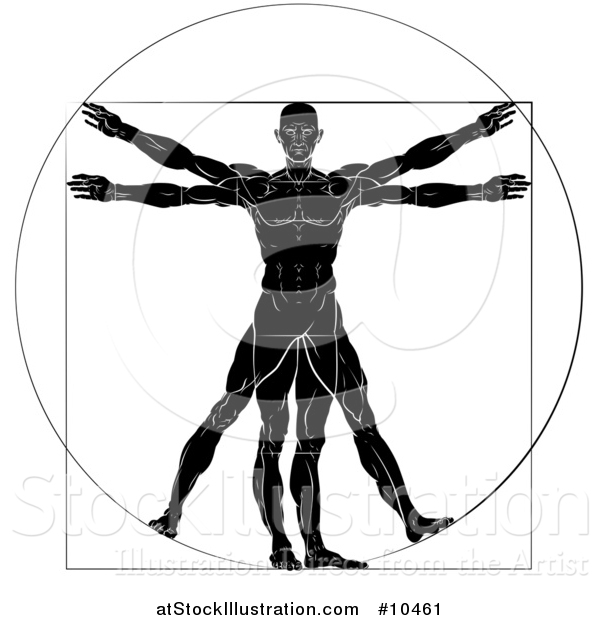 Vector Illustration of a Black and White Leonard Da Vinci Vitruvian Man