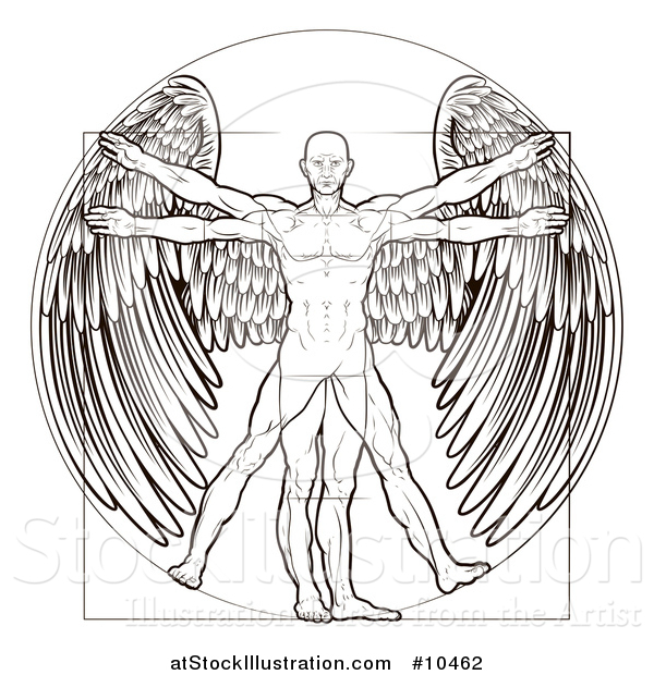 Vector Illustration of a Black and White Leonard Da Vinci Vitruvian Man with Angel Wings