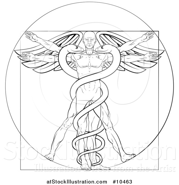 Vector Illustration of a Black and White Leonard Da Vinci Vitruvian Man with Wings and a Doubl Helix Snake Caduceu