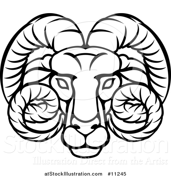 Vector Illustration of a Black and White Lineart Aries Ram Astrology Zodiac Horoscope