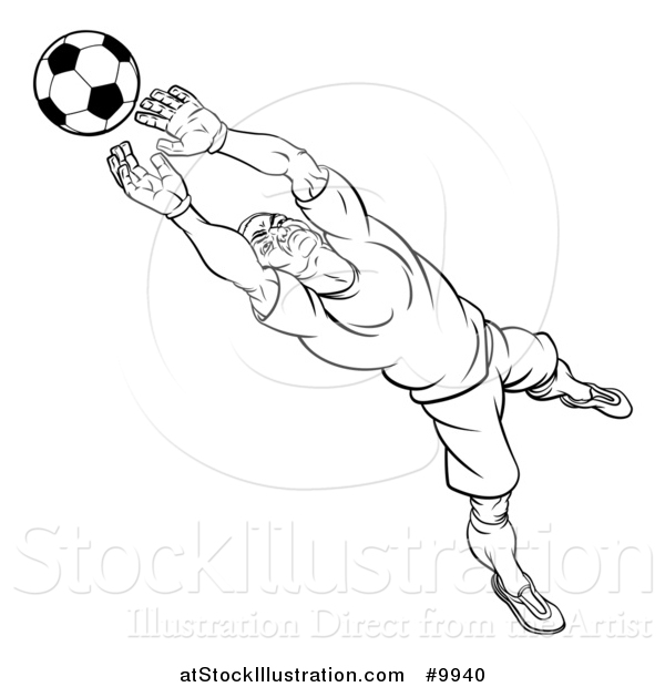 Vector Illustration of a Black and White Lineart Cartoon Soccer Player Goal Keeper Catching the Ball