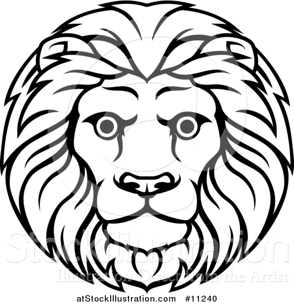 Vector Illustration of a Black and White Lineart Leo Lion Face and Mane ...