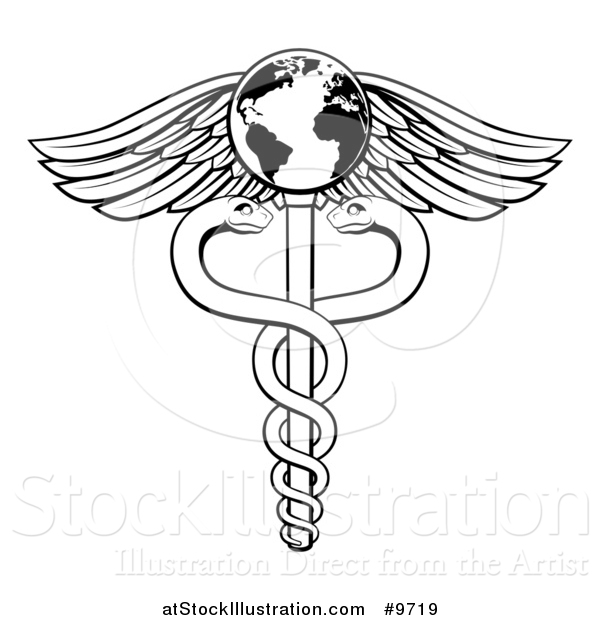 Vector Illustration of a Black and White Lineart Medical Caduceus with Snakes on a Winged Globe Rod
