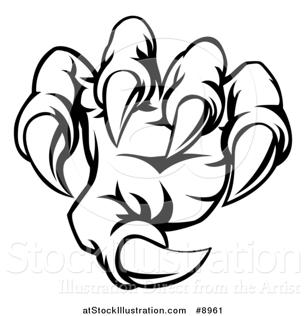 Vector Illustration of a Black and White Lineart Monster Claw with Sharp Talons