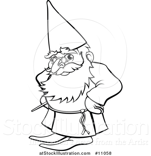 Vector Illustration of a Black and White Lineart Old Wizard