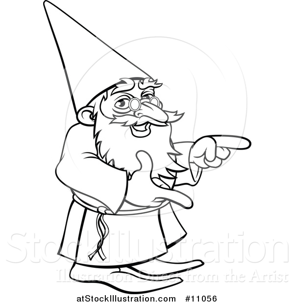 Vector Illustration of a Black and White Lineart Old Wizard Pointing
