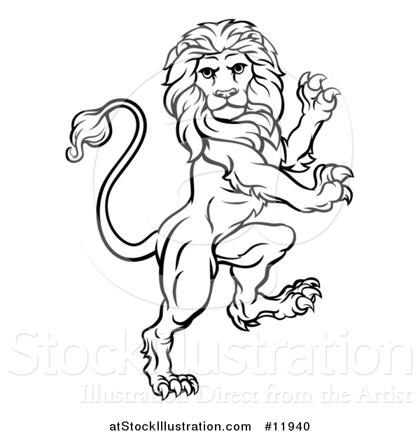 Vector Illustration of a Black and White Lineart Rampant Lion by ...