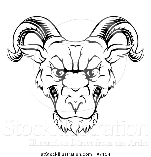 Vector Illustration of a Black and White Lineart Snarling Ram Head