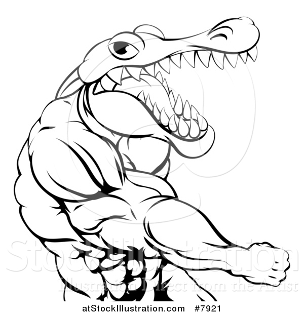 Vector Illustration of a Black and White Lineart Tough Muscular Crocodile or Alligator Man Monster Punching