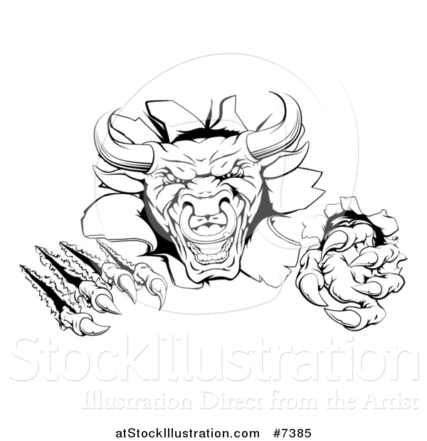 Vector Illustration of a Black and White Mad Aggressive Bull Monster Clawing Through a Wall 2