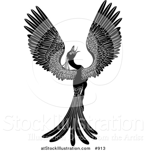 Vector Illustration of a Black and White Majestic Phoenix Fantasy Bird Opening Its Wings