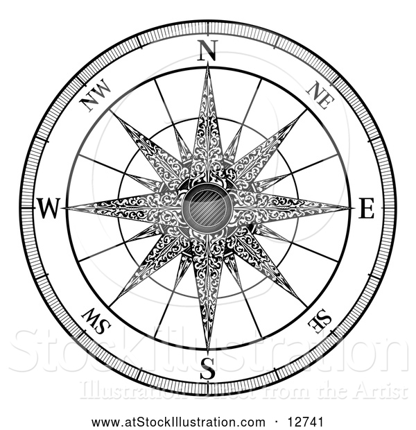 Vector Illustration of a Black and White Map Compass Rose