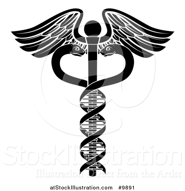 Vector Illustration of a Black and White Medical Caduceus with DNA Strand Snakes on a Winged Rod