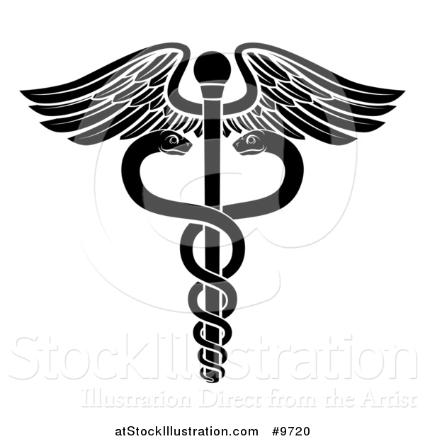 Vector Illustration of a Black and White Medical Caduceus with Snakes on a Winged Rod