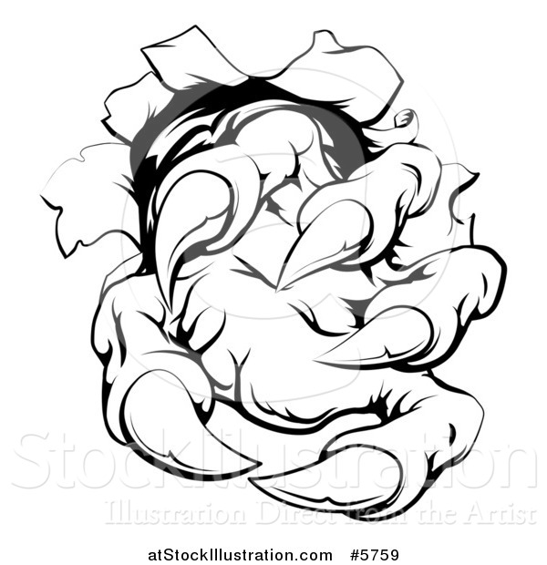 Vector Illustration of a Black and White Monster Claw Breaking Through a Wall