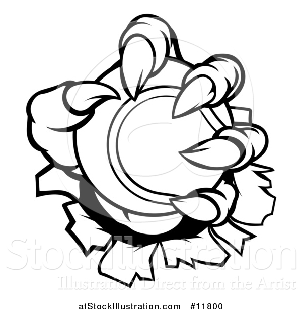Vector Illustration of a Black and White Monster Claws Holding a Tennis Ball and Ripping Through a Wall
