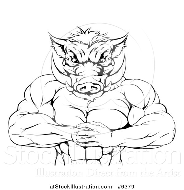 Vector Illustration of a Black and White Muscular Aggressive Boar Man Mascot Gesturing Bring It