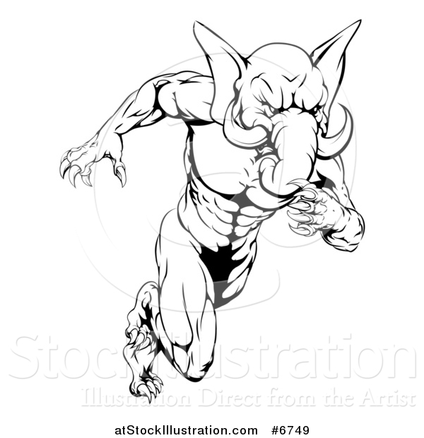 Vector Illustration of a Black and White Muscular Aggressive Elephant Man Mascot Running Upright