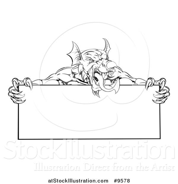 Vector Illustration of a Black and White Muscular Aggressive Welsh Dragon Man Mascot Holding a Blank Sign