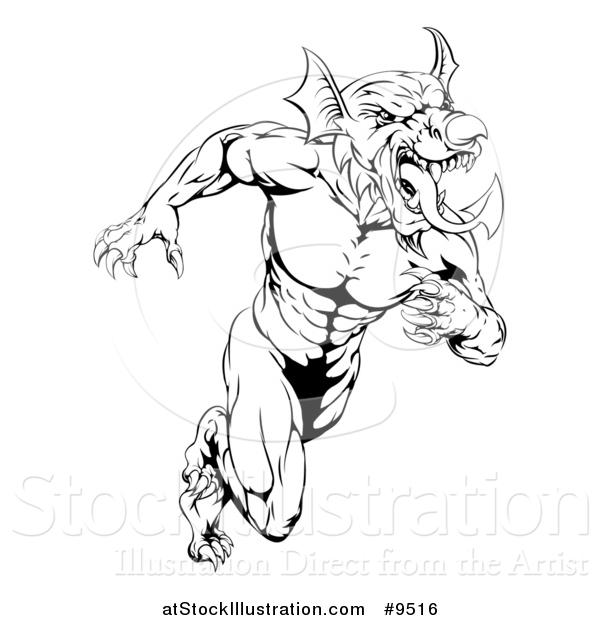 Vector Illustration of a Black and White Muscular Aggressive Welsh Dragon Man Mascot Sprinting Upright