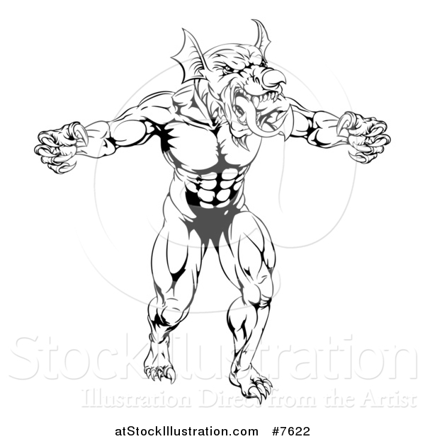 Vector Illustration of a Black and White Muscular Aggressive Welsh Dragon Man Mascot Walking Upright