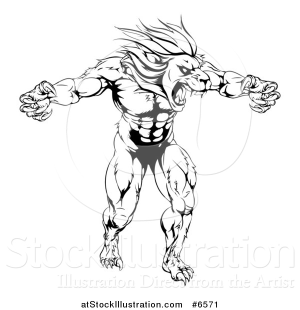 Vector Illustration of a Black and White Muscular Angry Lion Man Roaring with Claws Bared