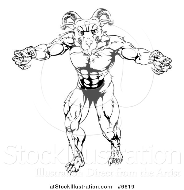 Vector Illustration of a Black and White Muscular Angry Ram with Claws Bared