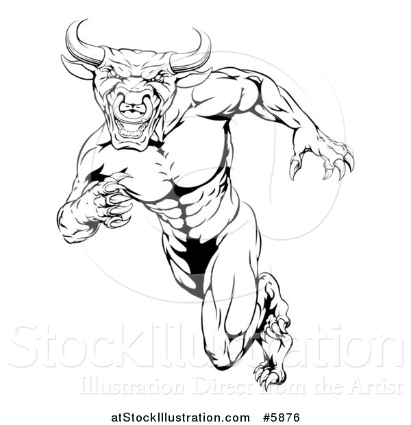 Vector Illustration of a Black and White Muscular Bull Man Mascot Running Upright