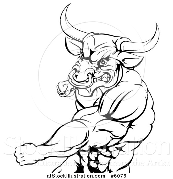 Vector Illustration of a Black and White Muscular Bull or Minotaur Man Mascot Punching