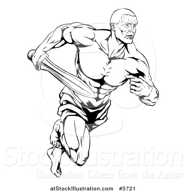 Vector Illustration of a Black and White Muscular Gladiator Running with a Sword