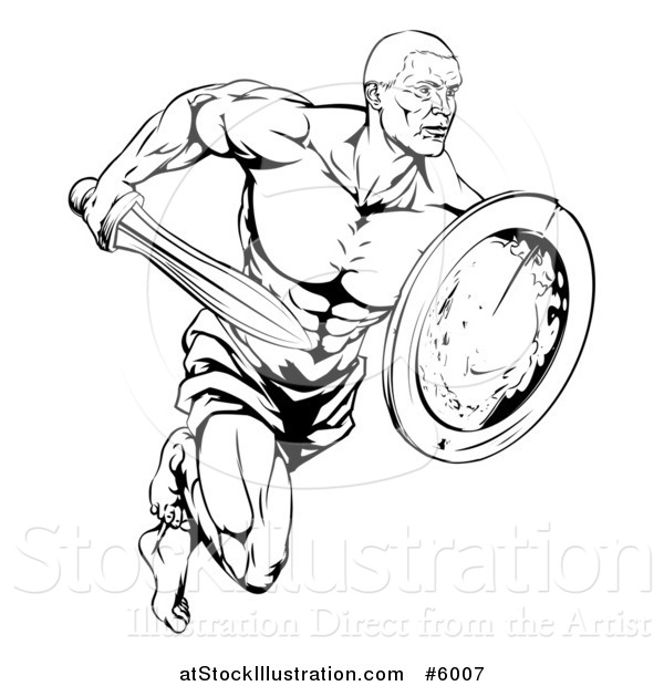 Vector Illustration of a Black and White Muscular Gladiator Running with a Sword