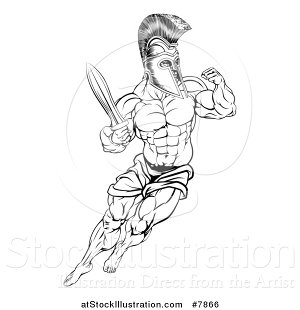 Vector Illustration of a Black and White Muscular Gladiator Spartan Man in a Helmet Fighting with a Sword and Holding up a Fist