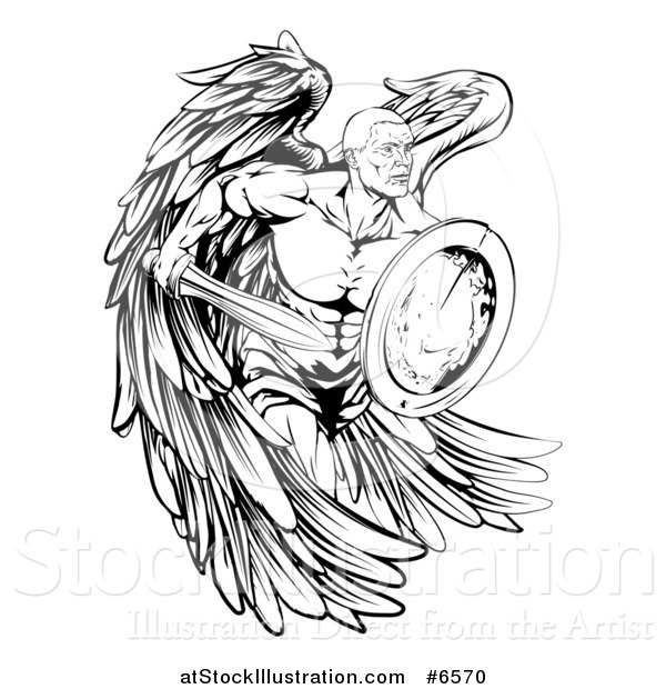 Vector Illustration of a Black and White Muscular Male Guardian Angel Running with a Shield and Sword