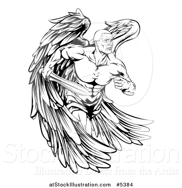 Vector Illustration of a Black and White Muscular Male Guardian Angel with a Sword