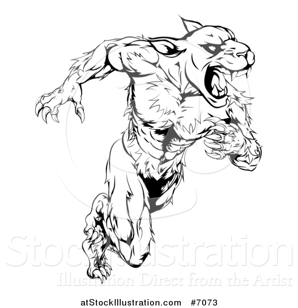 Vector Illustration of a Black and White Muscular Panther Mascot Running Upright