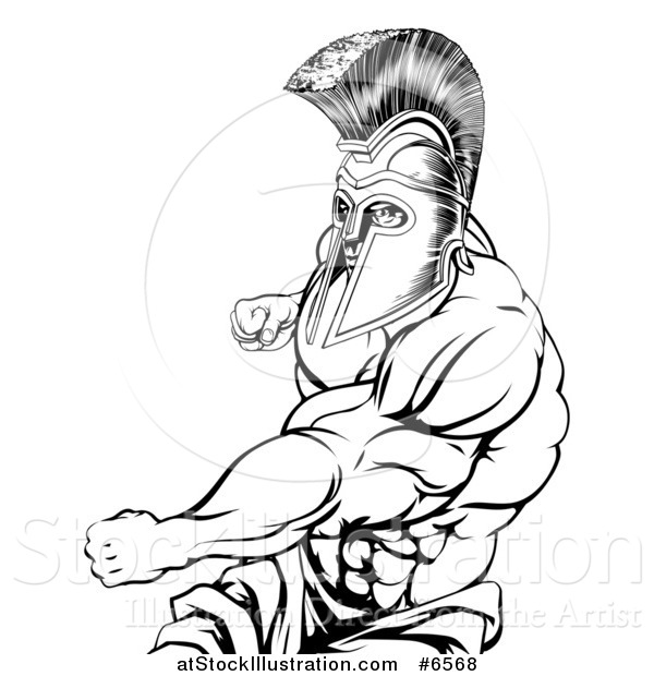 Vector Illustration of a Black and White Muscular Strong Spartan Warrior Mascot Punching