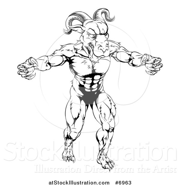 Vector Illustration of a Black and White Muscular Vicious Ram Man with Claws Bared