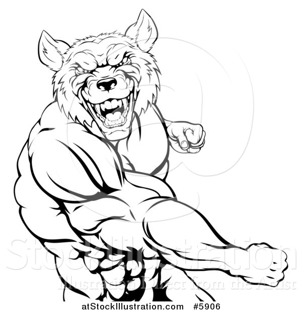 Vector Illustration of a Black and White Muscular Wolf Man Punching
