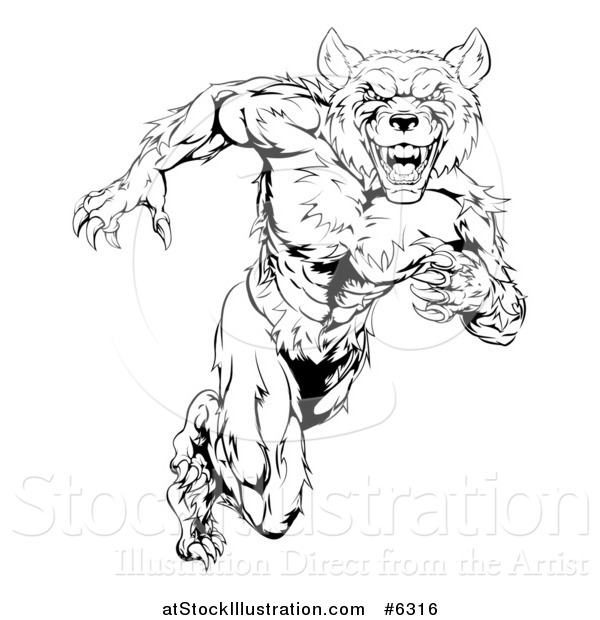 Vector Illustration of a Black and White Muscular Wolf Man Sprinting