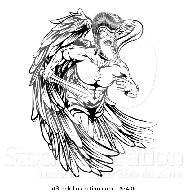 Vector Illustration of a Black and White Musular Spartan Trojan Warrior Angel Mascot Running with a Sword