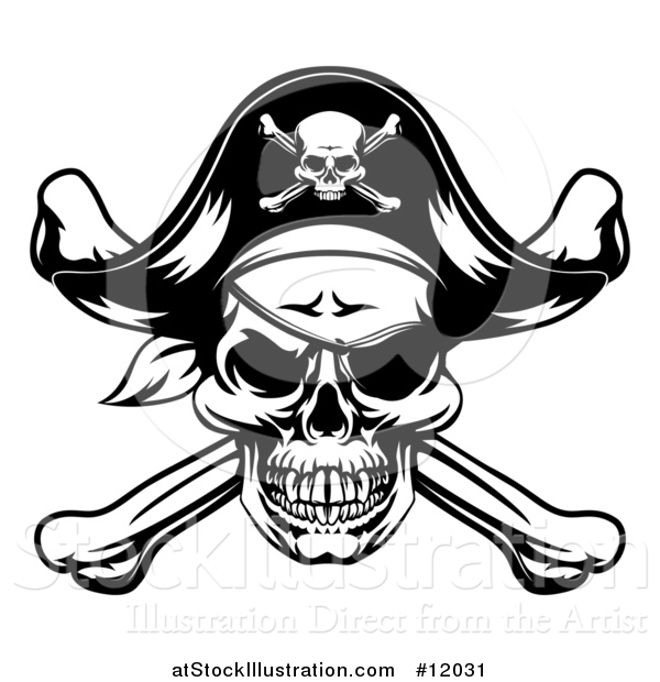 Vector Illustration of a Black and White Oirate Skull and Crossbones Jolly Roger