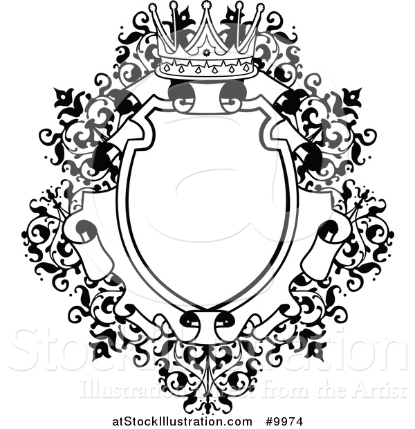 Vector Illustration of a Black and White Ornate Vintage Floral Frame with a Crown