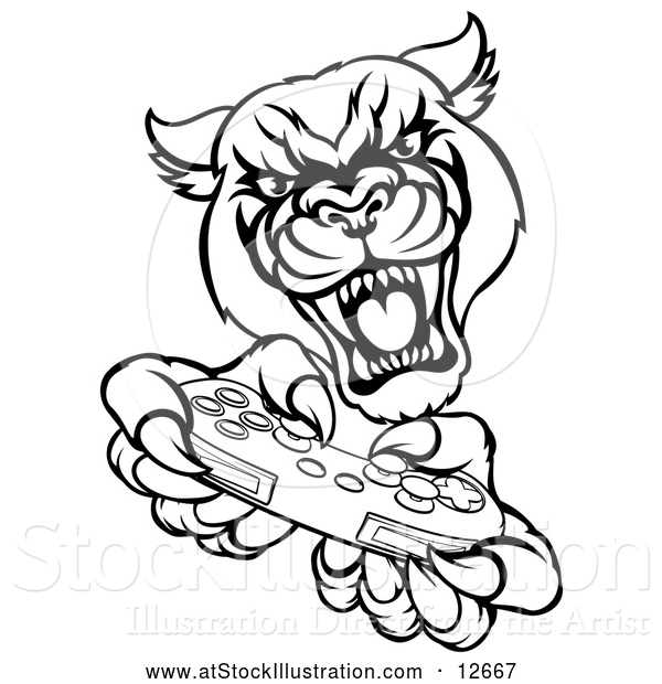 Vector Illustration of a Black and White Panther Playing a Video Game with a Controller