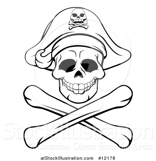 Vector Illustration of a Black and White Pirate Skull and Crossbones Jolly Roger