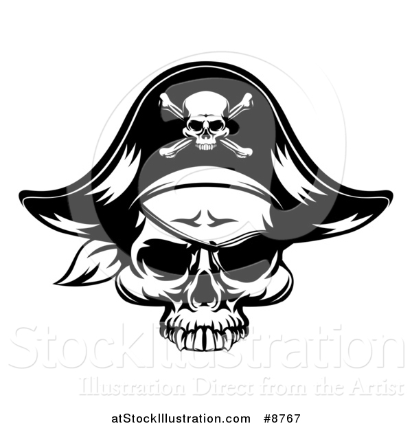 Vector Illustration of a Black and White Pirate Skull Wearing a Patch and Captain Hat