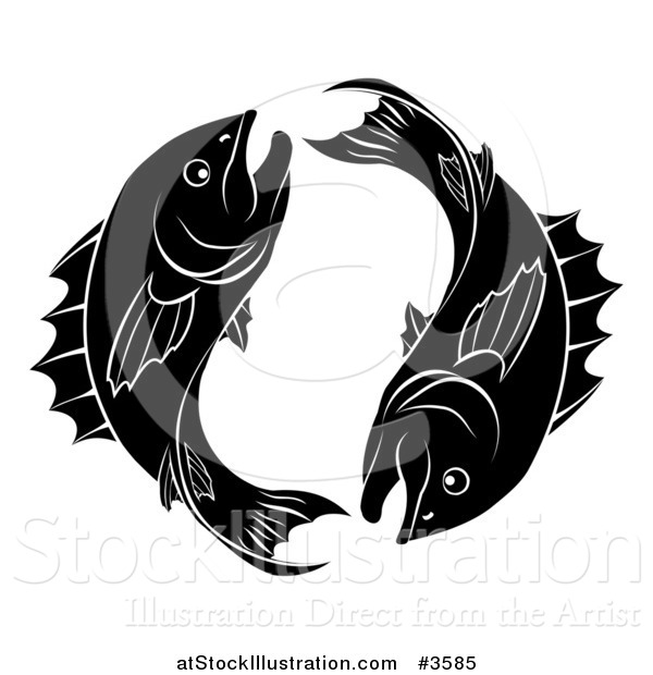 Vector Illustration of a Black and White Pisces Zodiac Astrology Fish